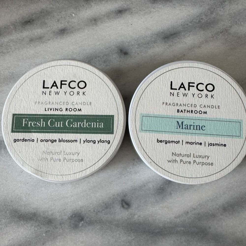 LAFCO New York Candle Duo — Fresh Cut Gardenia & Marine (4oz each), New & Unused